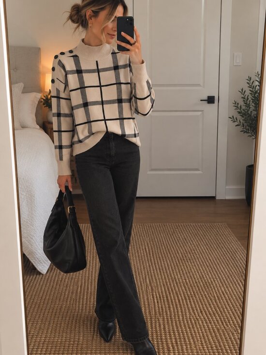 Tahari Sweaters - Tahari Plaid Mock Neck Sweater Womens M Button Shoulder Windowpane